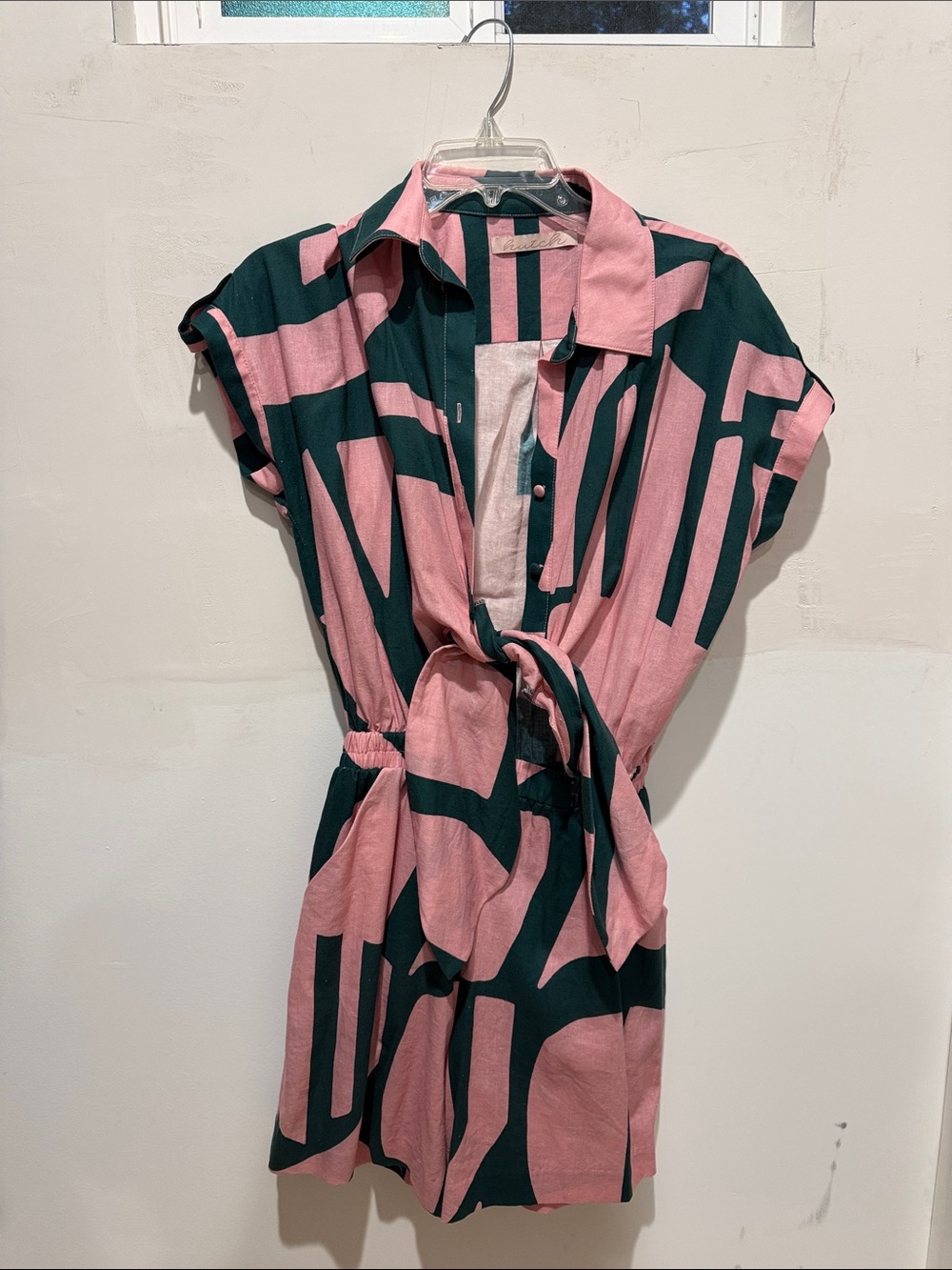 Hutch Pink and Dark Green Geometric Tie-Waist Mini Dress